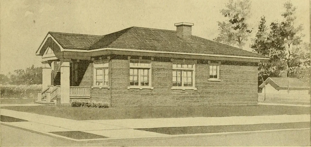An illustration from Radford's brick houses and how to build them : a standard collection of new, original, and artistic designs for brick houses, apartments, stores and flats, garages, etc. ; together with complete instruction in the manufacture of brick and its practical uses as a building material selected and compiled by William A. Radford ... Every plan designed and executed by a corps of licensed architects of the highest professional standing, assisted by a staff of expert draftsmen. Over 300 designs and details., 1912, leaf 156