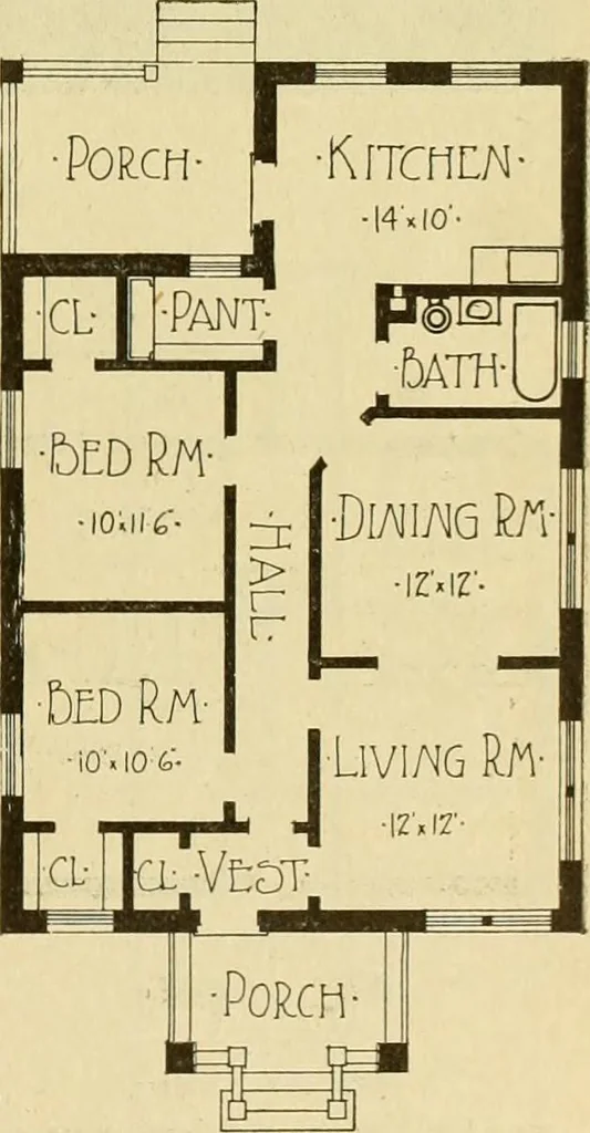 An illustration from Radford's brick houses and how to build them : a standard collection of new, original, and artistic designs for brick houses, apartments, stores and flats, garages, etc. ; together with complete instruction in the manufacture of brick and its practical uses as a building material selected and compiled by William A. Radford ... Every plan designed and executed by a corps of licensed architects of the highest professional standing, assisted by a staff of expert draftsmen. Over 300 designs and details., 1912, leaf 156
