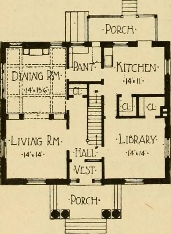 An illustration from Radford's brick houses and how to build them : a standard collection of new, original, and artistic designs for brick houses, apartments, stores and flats, garages, etc. ; together with complete instruction in the manufacture of brick and its practical uses as a building material selected and compiled by William A. Radford ... Every plan designed and executed by a corps of licensed architects of the highest professional standing, assisted by a staff of expert draftsmen. Over 300 designs and details., 1912, leaf 157