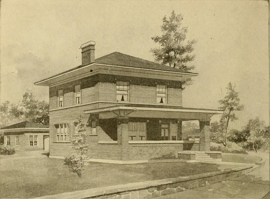 An illustration from Radford's brick houses and how to build them : a standard collection of new, original, and artistic designs for brick houses, apartments, stores and flats, garages, etc. ; together with complete instruction in the manufacture of brick and its practical uses as a building material selected and compiled by William A. Radford ... Every plan designed and executed by a corps of licensed architects of the highest professional standing, assisted by a staff of expert draftsmen. Over 300 designs and details., 1912, leaf 159