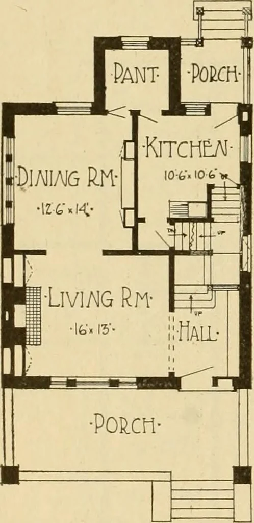 An illustration from Radford's brick houses and how to build them : a standard collection of new, original, and artistic designs for brick houses, apartments, stores and flats, garages, etc. ; together with complete instruction in the manufacture of brick and its practical uses as a building material selected and compiled by William A. Radford ... Every plan designed and executed by a corps of licensed architects of the highest professional standing, assisted by a staff of expert draftsmen. Over 300 designs and details., 1912, leaf 159