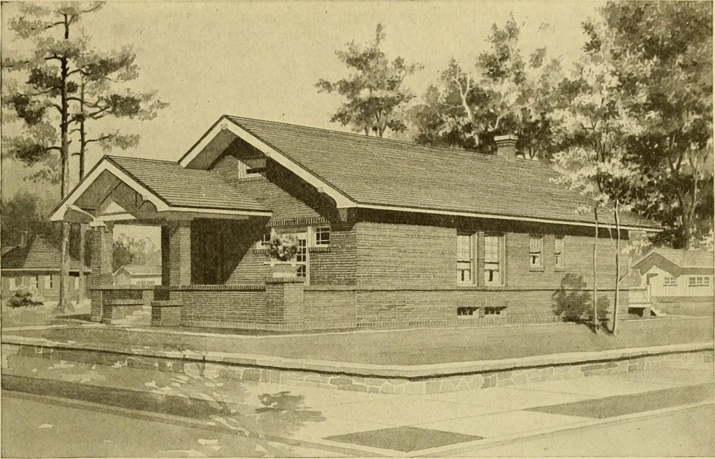 An illustration from Radford's brick houses and how to build them : a standard collection of new, original, and artistic designs for brick houses, apartments, stores and flats, garages, etc. ; together with complete instruction in the manufacture of brick and its practical uses as a building material selected and compiled by William A. Radford ... Every plan designed and executed by a corps of licensed architects of the highest professional standing, assisted by a staff of expert draftsmen. Over 300 designs and details., 1912, leaf 160
