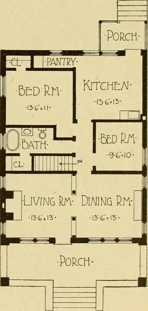 An illustration from Radford's brick houses and how to build them : a standard collection of new, original, and artistic designs for brick houses, apartments, stores and flats, garages, etc. ; together with complete instruction in the manufacture of brick and its practical uses as a building material selected and compiled by William A. Radford ... Every plan designed and executed by a corps of licensed architects of the highest professional standing, assisted by a staff of expert draftsmen. Over 300 designs and details., 1912, leaf 162