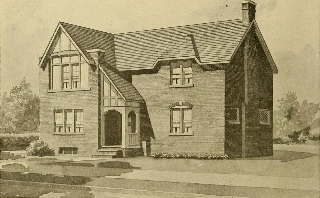 An illustration from Radford's brick houses and how to build them : a standard collection of new, original, and artistic designs for brick houses, apartments, stores and flats, garages, etc. ; together with complete instruction in the manufacture of brick and its practical uses as a building material selected and compiled by William A. Radford ... Every plan designed and executed by a corps of licensed architects of the highest professional standing, assisted by a staff of expert draftsmen. Over 300 designs and details., 1912, leaf 163