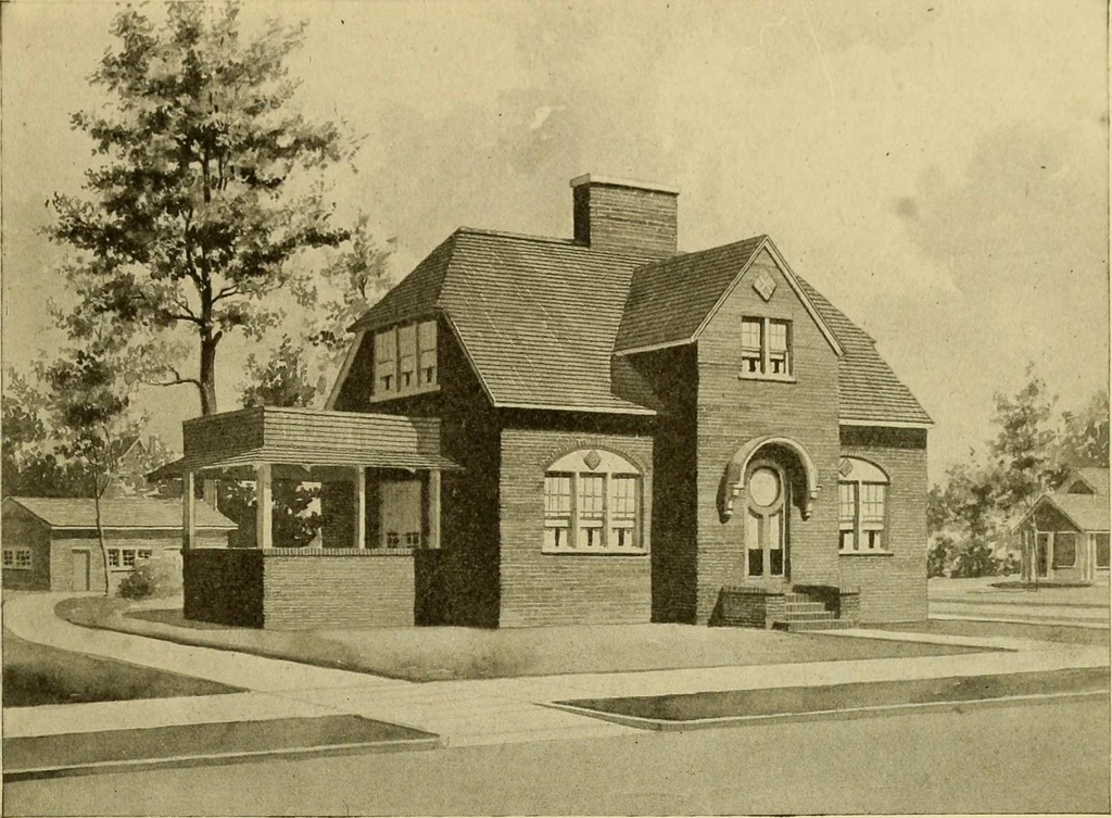 An illustration from Radford's brick houses and how to build them : a standard collection of new, original, and artistic designs for brick houses, apartments, stores and flats, garages, etc. ; together with complete instruction in the manufacture of brick and its practical uses as a building material selected and compiled by William A. Radford ... Every plan designed and executed by a corps of licensed architects of the highest professional standing, assisted by a staff of expert draftsmen. Over 300 designs and details., 1912, leaf 164