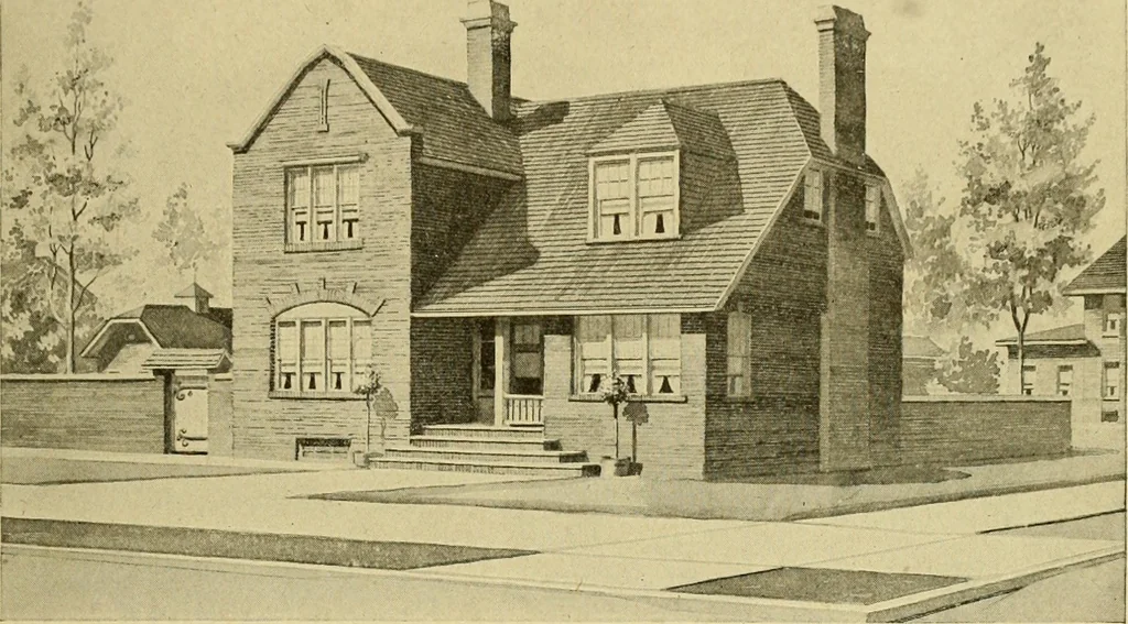 An illustration from Radford's brick houses and how to build them : a standard collection of new, original, and artistic designs for brick houses, apartments, stores and flats, garages, etc. ; together with complete instruction in the manufacture of brick and its practical uses as a building material selected and compiled by William A. Radford ... Every plan designed and executed by a corps of licensed architects of the highest professional standing, assisted by a staff of expert draftsmen. Over 300 designs and details., 1912, leaf 166