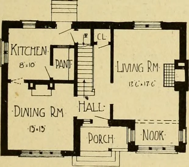 An illustration from Radford's brick houses and how to build them : a standard collection of new, original, and artistic designs for brick houses, apartments, stores and flats, garages, etc. ; together with complete instruction in the manufacture of brick and its practical uses as a building material selected and compiled by William A. Radford ... Every plan designed and executed by a corps of licensed architects of the highest professional standing, assisted by a staff of expert draftsmen. Over 300 designs and details., 1912, leaf 166