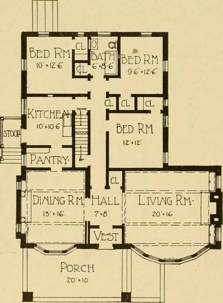 An illustration from Radford's brick houses and how to build them : a standard collection of new, original, and artistic designs for brick houses, apartments, stores and flats, garages, etc. ; together with complete instruction in the manufacture of brick and its practical uses as a building material selected and compiled by William A. Radford ... Every plan designed and executed by a corps of licensed architects of the highest professional standing, assisted by a staff of expert draftsmen. Over 300 designs and details., 1912, leaf 167