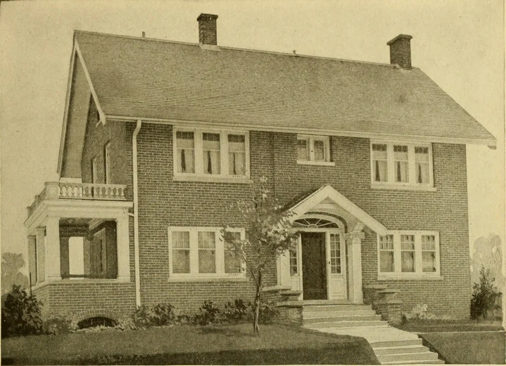 An illustration from Radford's brick houses and how to build them : a standard collection of new, original, and artistic designs for brick houses, apartments, stores and flats, garages, etc. ; together with complete instruction in the manufacture of brick and its practical uses as a building material selected and compiled by William A. Radford ... Every plan designed and executed by a corps of licensed architects of the highest professional standing, assisted by a staff of expert draftsmen. Over 300 designs and details., 1912, leaf 168
