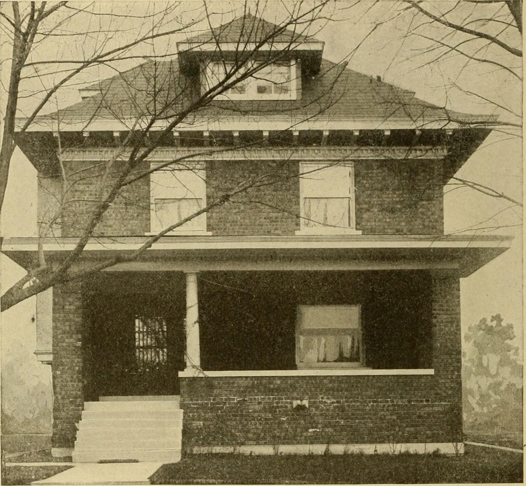 An illustration from Radford's brick houses and how to build them : a standard collection of new, original, and artistic designs for brick houses, apartments, stores and flats, garages, etc. ; together with complete instruction in the manufacture of brick and its practical uses as a building material selected and compiled by William A. Radford ... Every plan designed and executed by a corps of licensed architects of the highest professional standing, assisted by a staff of expert draftsmen. Over 300 designs and details., 1912, leaf 169