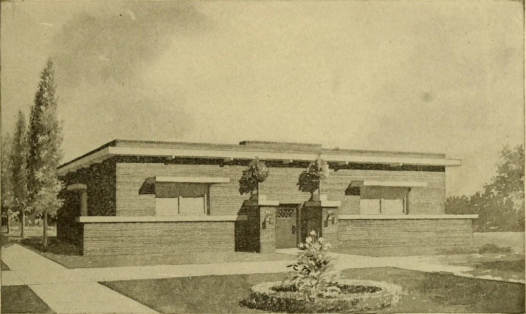 An illustration from Radford's brick houses and how to build them : a standard collection of new, original, and artistic designs for brick houses, apartments, stores and flats, garages, etc. ; together with complete instruction in the manufacture of brick and its practical uses as a building material selected and compiled by William A. Radford ... Every plan designed and executed by a corps of licensed architects of the highest professional standing, assisted by a staff of expert draftsmen. Over 300 designs and details., 1912, leaf 170