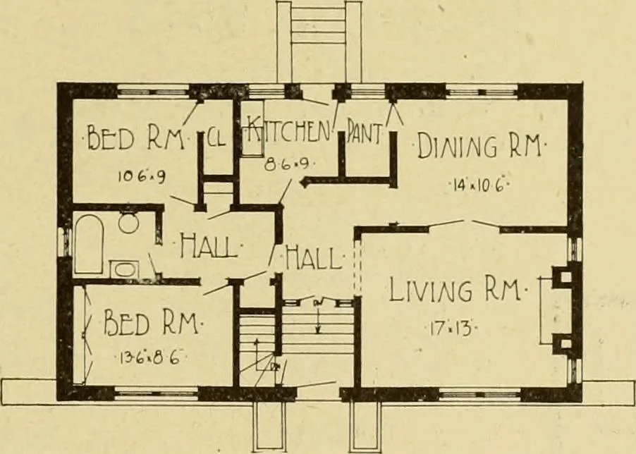 An illustration from Radford's brick houses and how to build them : a standard collection of new, original, and artistic designs for brick houses, apartments, stores and flats, garages, etc. ; together with complete instruction in the manufacture of brick and its practical uses as a building material selected and compiled by William A. Radford ... Every plan designed and executed by a corps of licensed architects of the highest professional standing, assisted by a staff of expert draftsmen. Over 300 designs and details., 1912, leaf 170