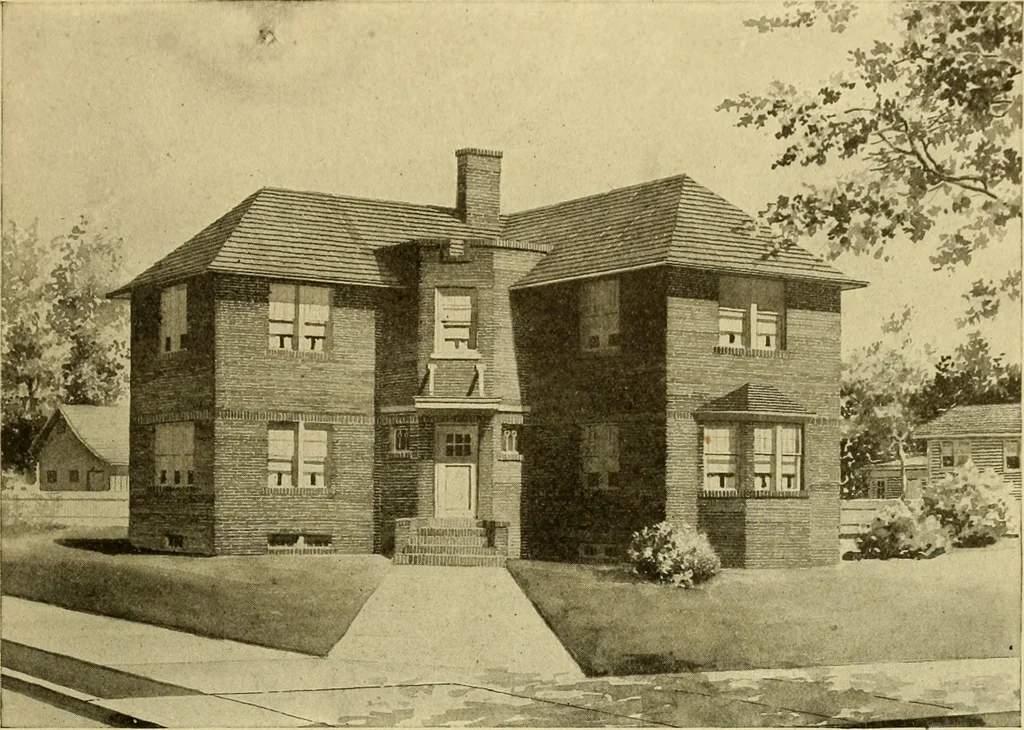 An illustration from Radford's brick houses and how to build them : a standard collection of new, original, and artistic designs for brick houses, apartments, stores and flats, garages, etc. ; together with complete instruction in the manufacture of brick and its practical uses as a building material selected and compiled by William A. Radford ... Every plan designed and executed by a corps of licensed architects of the highest professional standing, assisted by a staff of expert draftsmen. Over 300 designs and details., 1912, leaf 172