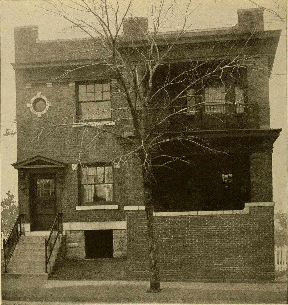 An illustration from Radford's brick houses and how to build them : a standard collection of new, original, and artistic designs for brick houses, apartments, stores and flats, garages, etc. ; together with complete instruction in the manufacture of brick and its practical uses as a building material selected and compiled by William A. Radford ... Every plan designed and executed by a corps of licensed architects of the highest professional standing, assisted by a staff of expert draftsmen. Over 300 designs and details., 1912, leaf 173
