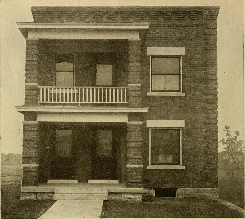 An illustration from Radford's brick houses and how to build them : a standard collection of new, original, and artistic designs for brick houses, apartments, stores and flats, garages, etc. ; together with complete instruction in the manufacture of brick and its practical uses as a building material selected and compiled by William A. Radford ... Every plan designed and executed by a corps of licensed architects of the highest professional standing, assisted by a staff of expert draftsmen. Over 300 designs and details., 1912, leaf 175