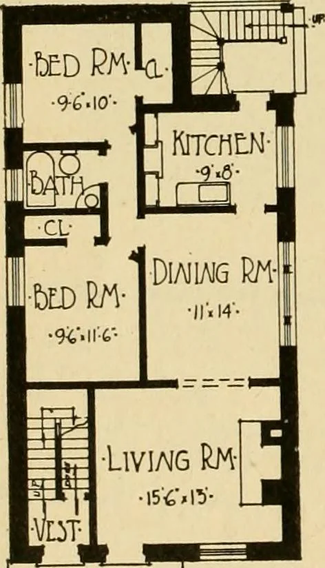 An illustration from Radford's brick houses and how to build them : a standard collection of new, original, and artistic designs for brick houses, apartments, stores and flats, garages, etc. ; together with complete instruction in the manufacture of brick and its practical uses as a building material selected and compiled by William A. Radford ... Every plan designed and executed by a corps of licensed architects of the highest professional standing, assisted by a staff of expert draftsmen. Over 300 designs and details., 1912, leaf 175