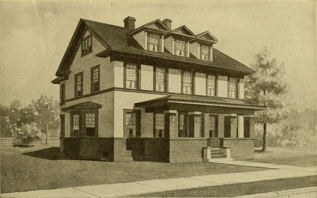 An illustration from Radford's brick houses and how to build them : a standard collection of new, original, and artistic designs for brick houses, apartments, stores and flats, garages, etc. ; together with complete instruction in the manufacture of brick and its practical uses as a building material selected and compiled by William A. Radford ... Every plan designed and executed by a corps of licensed architects of the highest professional standing, assisted by a staff of expert draftsmen. Over 300 designs and details., 1912, leaf 178