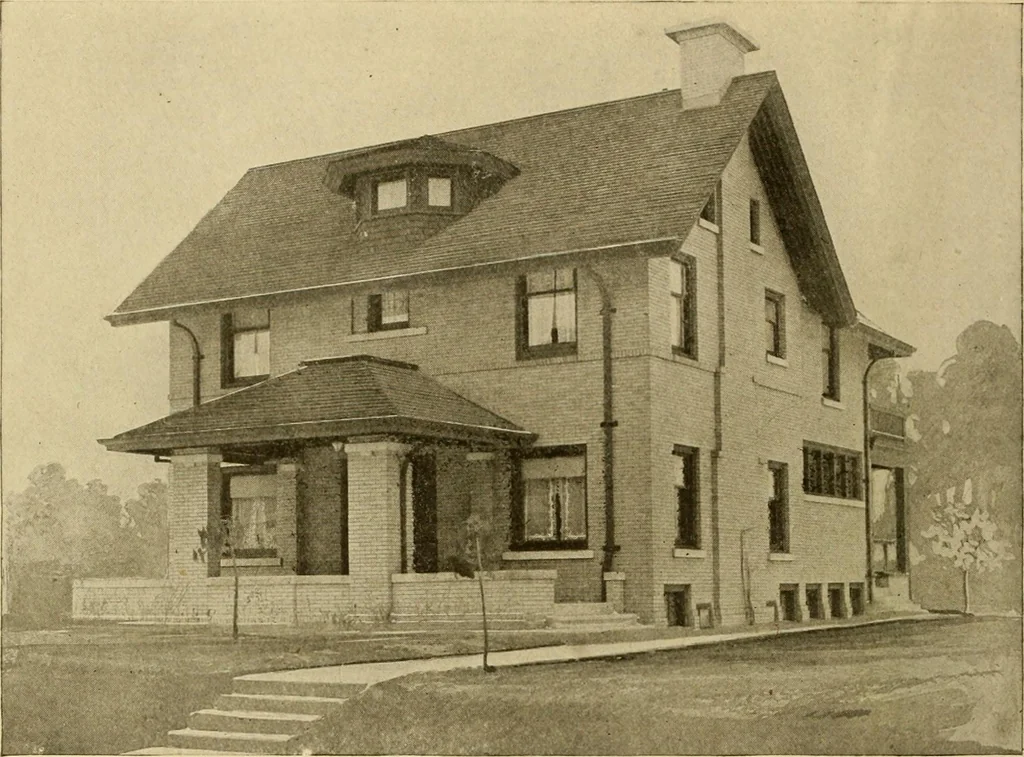 An illustration from Radford's brick houses and how to build them : a standard collection of new, original, and artistic designs for brick houses, apartments, stores and flats, garages, etc. ; together with complete instruction in the manufacture of brick and its practical uses as a building material selected and compiled by William A. Radford ... Every plan designed and executed by a corps of licensed architects of the highest professional standing, assisted by a staff of expert draftsmen. Over 300 designs and details., 1912, leaf 179