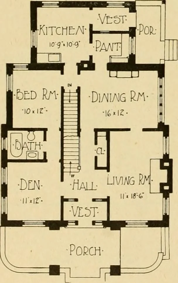 An illustration from Radford's brick houses and how to build them : a standard collection of new, original, and artistic designs for brick houses, apartments, stores and flats, garages, etc. ; together with complete instruction in the manufacture of brick and its practical uses as a building material selected and compiled by William A. Radford ... Every plan designed and executed by a corps of licensed architects of the highest professional standing, assisted by a staff of expert draftsmen. Over 300 designs and details., 1912, leaf 179