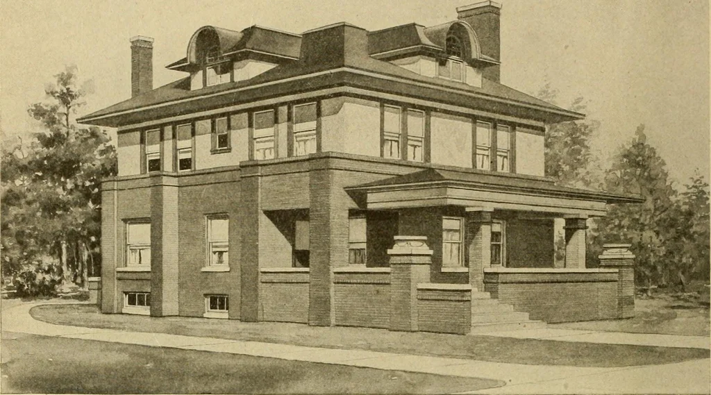 An illustration from Radford's brick houses and how to build them : a standard collection of new, original, and artistic designs for brick houses, apartments, stores and flats, garages, etc. ; together with complete instruction in the manufacture of brick and its practical uses as a building material selected and compiled by William A. Radford ... Every plan designed and executed by a corps of licensed architects of the highest professional standing, assisted by a staff of expert draftsmen. Over 300 designs and details., 1912, leaf 181