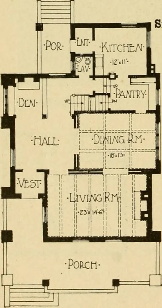 An illustration from Radford's brick houses and how to build them : a standard collection of new, original, and artistic designs for brick houses, apartments, stores and flats, garages, etc. ; together with complete instruction in the manufacture of brick and its practical uses as a building material selected and compiled by William A. Radford ... Every plan designed and executed by a corps of licensed architects of the highest professional standing, assisted by a staff of expert draftsmen. Over 300 designs and details., 1912, leaf 181