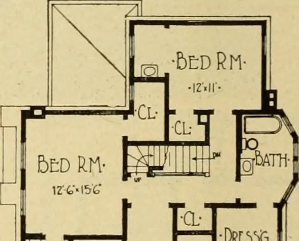 An illustration from Radford's brick houses and how to build them : a standard collection of new, original, and artistic designs for brick houses, apartments, stores and flats, garages, etc. ; together with complete instruction in the manufacture of brick and its practical uses as a building material selected and compiled by William A. Radford ... Every plan designed and executed by a corps of licensed architects of the highest professional standing, assisted by a staff of expert draftsmen. Over 300 designs and details., 1912, leaf 181