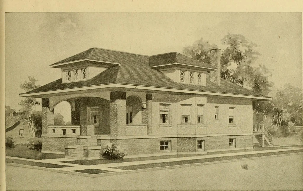 An illustration from Radford's brick houses and how to build them : a standard collection of new, original, and artistic designs for brick houses, apartments, stores and flats, garages, etc. ; together with complete instruction in the manufacture of brick and its practical uses as a building material selected and compiled by William A. Radford ... Every plan designed and executed by a corps of licensed architects of the highest professional standing, assisted by a staff of expert draftsmen. Over 300 designs and details., 1912, leaf 182