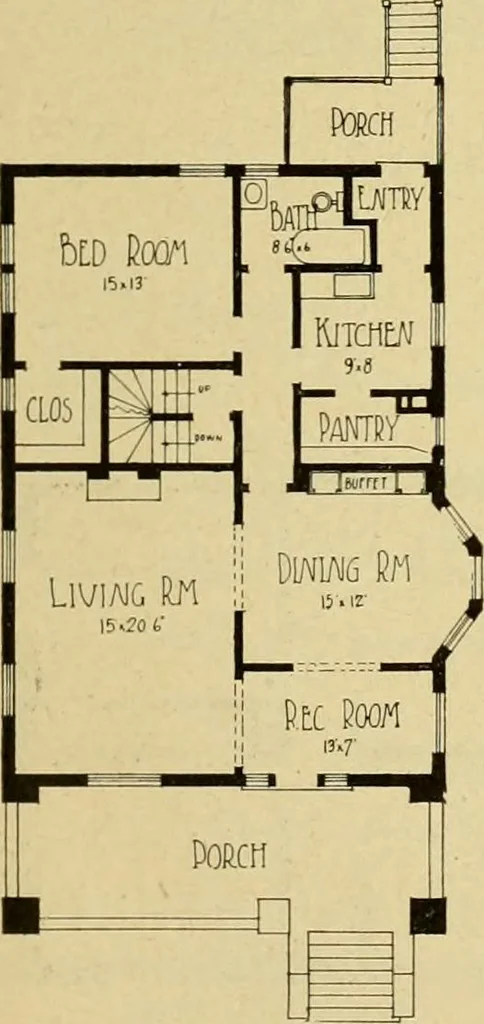 An illustration from Radford's brick houses and how to build them : a standard collection of new, original, and artistic designs for brick houses, apartments, stores and flats, garages, etc. ; together with complete instruction in the manufacture of brick and its practical uses as a building material selected and compiled by William A. Radford ... Every plan designed and executed by a corps of licensed architects of the highest professional standing, assisted by a staff of expert draftsmen. Over 300 designs and details., 1912, leaf 182