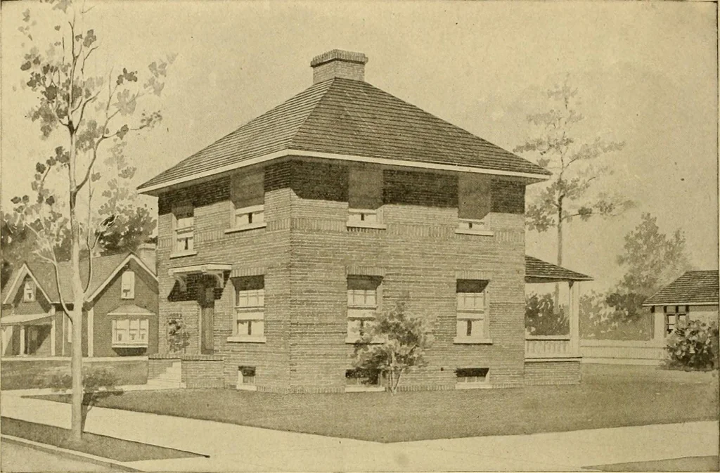 An illustration from Radford's brick houses and how to build them : a standard collection of new, original, and artistic designs for brick houses, apartments, stores and flats, garages, etc. ; together with complete instruction in the manufacture of brick and its practical uses as a building material selected and compiled by William A. Radford ... Every plan designed and executed by a corps of licensed architects of the highest professional standing, assisted by a staff of expert draftsmen. Over 300 designs and details., 1912, leaf 183