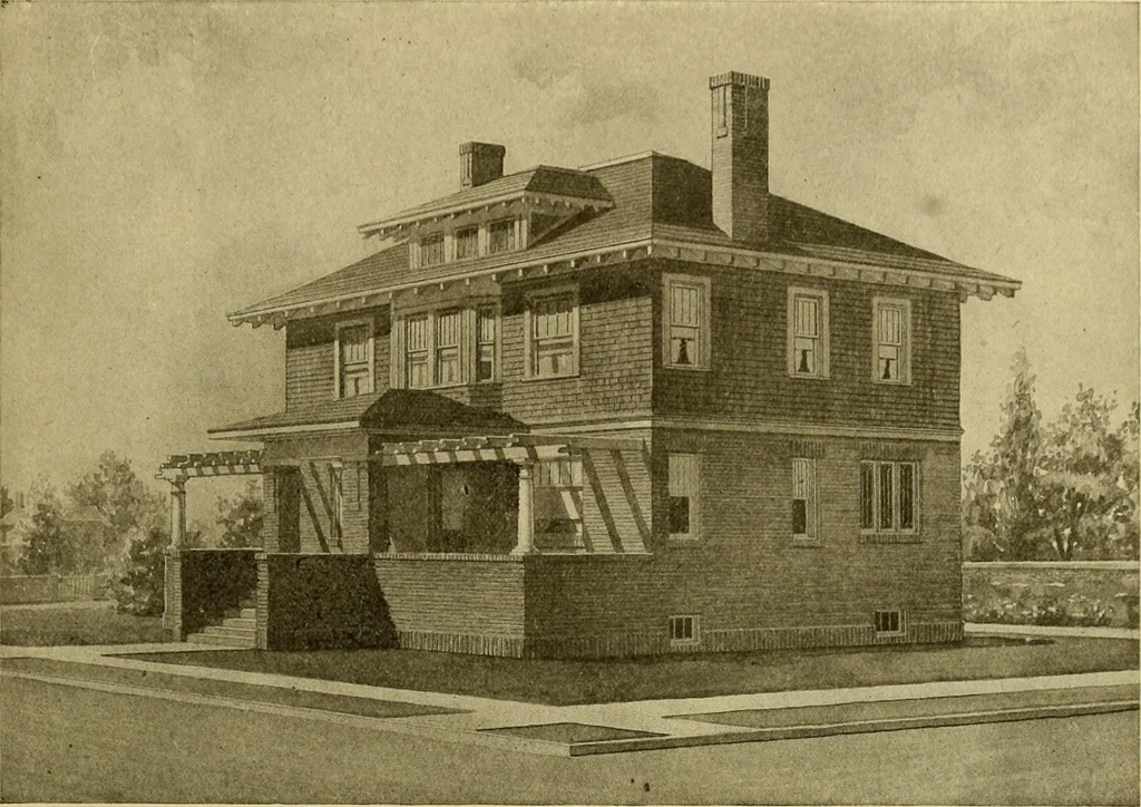 An illustration from Radford's brick houses and how to build them : a standard collection of new, original, and artistic designs for brick houses, apartments, stores and flats, garages, etc. ; together with complete instruction in the manufacture of brick and its practical uses as a building material selected and compiled by William A. Radford ... Every plan designed and executed by a corps of licensed architects of the highest professional standing, assisted by a staff of expert draftsmen. Over 300 designs and details., 1912, leaf 184