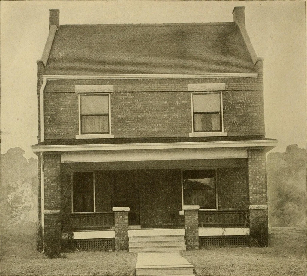 An illustration from Radford's brick houses and how to build them : a standard collection of new, original, and artistic designs for brick houses, apartments, stores and flats, garages, etc. ; together with complete instruction in the manufacture of brick and its practical uses as a building material selected and compiled by William A. Radford ... Every plan designed and executed by a corps of licensed architects of the highest professional standing, assisted by a staff of expert draftsmen. Over 300 designs and details., 1912, leaf 185
