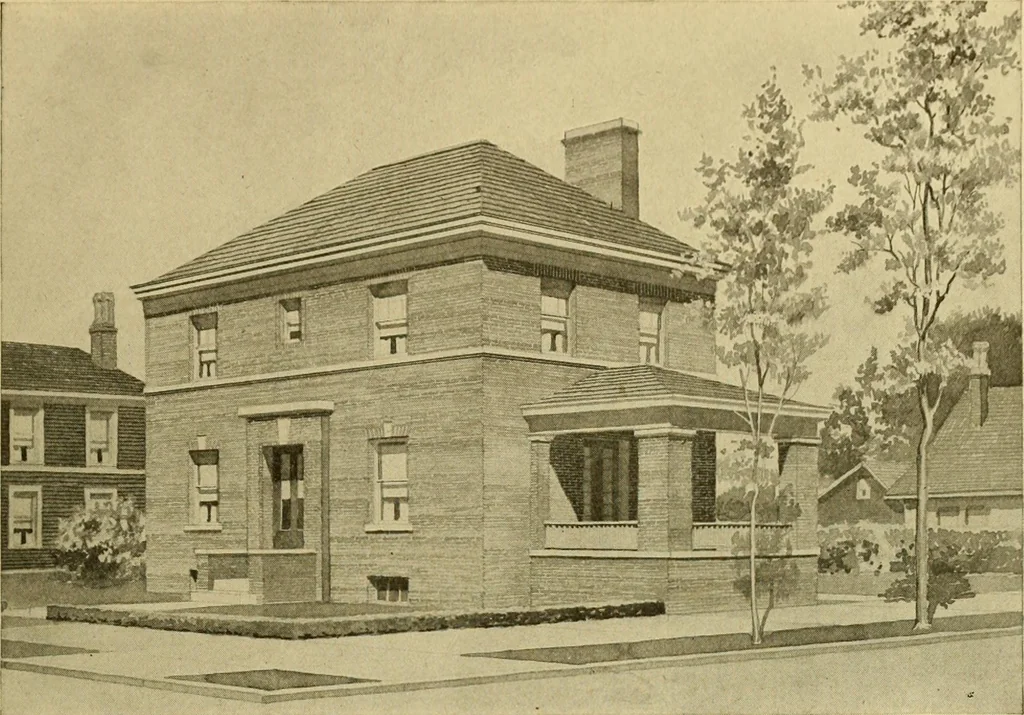 An illustration from Radford's brick houses and how to build them : a standard collection of new, original, and artistic designs for brick houses, apartments, stores and flats, garages, etc. ; together with complete instruction in the manufacture of brick and its practical uses as a building material selected and compiled by William A. Radford ... Every plan designed and executed by a corps of licensed architects of the highest professional standing, assisted by a staff of expert draftsmen. Over 300 designs and details., 1912, leaf 186