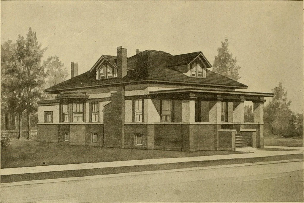 An illustration from Radford's brick houses and how to build them : a standard collection of new, original, and artistic designs for brick houses, apartments, stores and flats, garages, etc. ; together with complete instruction in the manufacture of brick and its practical uses as a building material selected and compiled by William A. Radford ... Every plan designed and executed by a corps of licensed architects of the highest professional standing, assisted by a staff of expert draftsmen. Over 300 designs and details., 1912, leaf 187