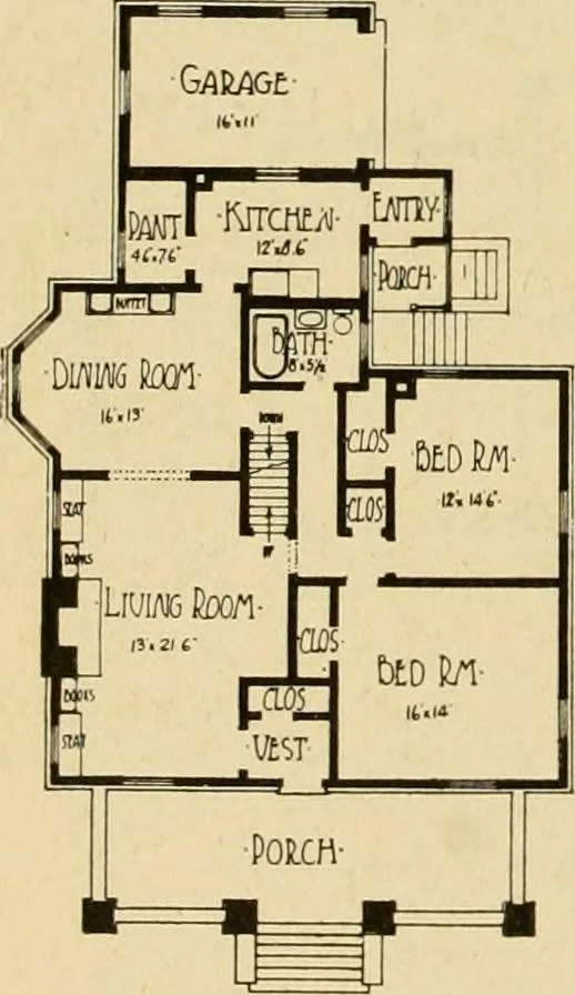 An illustration from Radford's brick houses and how to build them : a standard collection of new, original, and artistic designs for brick houses, apartments, stores and flats, garages, etc. ; together with complete instruction in the manufacture of brick and its practical uses as a building material selected and compiled by William A. Radford ... Every plan designed and executed by a corps of licensed architects of the highest professional standing, assisted by a staff of expert draftsmen. Over 300 designs and details., 1912, leaf 187