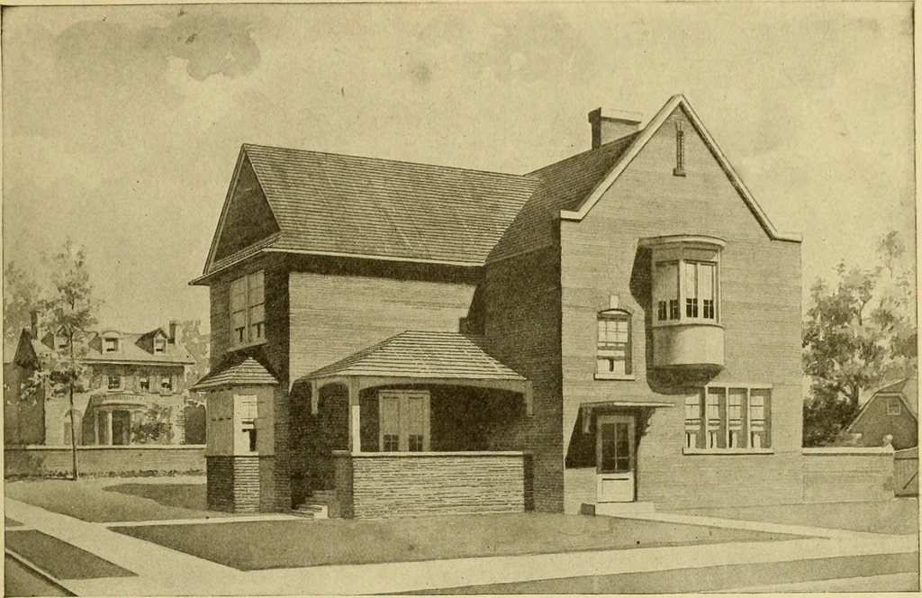 An illustration from Radford's brick houses and how to build them : a standard collection of new, original, and artistic designs for brick houses, apartments, stores and flats, garages, etc. ; together with complete instruction in the manufacture of brick and its practical uses as a building material selected and compiled by William A. Radford ... Every plan designed and executed by a corps of licensed architects of the highest professional standing, assisted by a staff of expert draftsmen. Over 300 designs and details., 1912, leaf 188