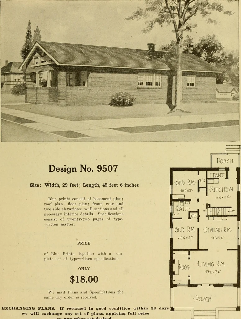 An illustration from Radford's brick houses and how to build them : a standard collection of new, original, and artistic designs for brick houses, apartments, stores and flats, garages, etc. ; together with complete instruction in the manufacture of brick and its practical uses as a building material selected and compiled by William A. Radford ... Every plan designed and executed by a corps of licensed architects of the highest professional standing, assisted by a staff of expert draftsmen. Over 300 designs and details., 1912, leaf 190