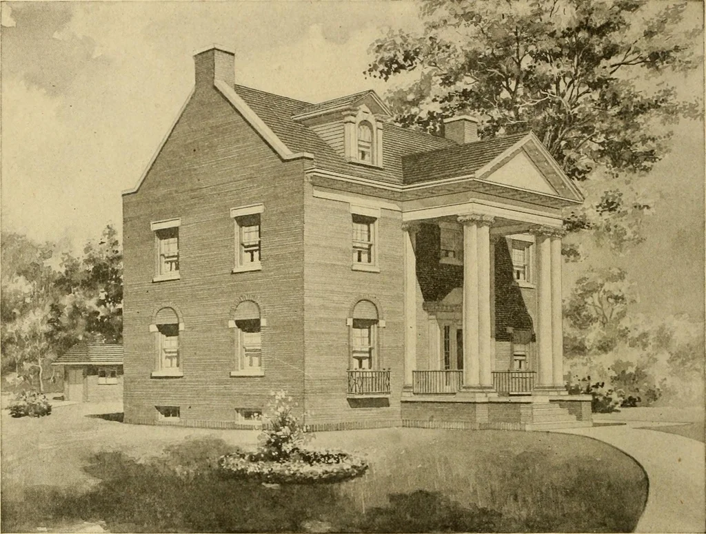 An illustration from Radford's brick houses and how to build them : a standard collection of new, original, and artistic designs for brick houses, apartments, stores and flats, garages, etc. ; together with complete instruction in the manufacture of brick and its practical uses as a building material selected and compiled by William A. Radford ... Every plan designed and executed by a corps of licensed architects of the highest professional standing, assisted by a staff of expert draftsmen. Over 300 designs and details., 1912, leaf 191