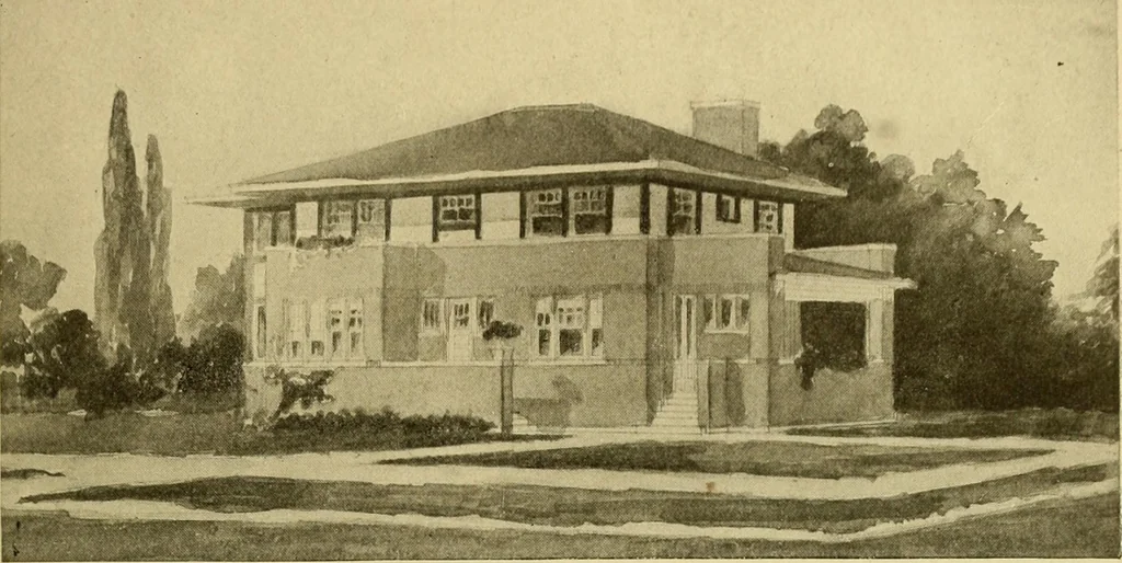 An illustration from Radford's brick houses and how to build them : a standard collection of new, original, and artistic designs for brick houses, apartments, stores and flats, garages, etc. ; together with complete instruction in the manufacture of brick and its practical uses as a building material selected and compiled by William A. Radford ... Every plan designed and executed by a corps of licensed architects of the highest professional standing, assisted by a staff of expert draftsmen. Over 300 designs and details., 1912, leaf 194