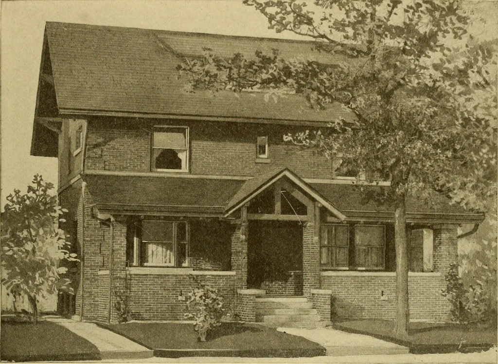 An illustration from Radford's brick houses and how to build them : a standard collection of new, original, and artistic designs for brick houses, apartments, stores and flats, garages, etc. ; together with complete instruction in the manufacture of brick and its practical uses as a building material selected and compiled by William A. Radford ... Every plan designed and executed by a corps of licensed architects of the highest professional standing, assisted by a staff of expert draftsmen. Over 300 designs and details., 1912, leaf 196