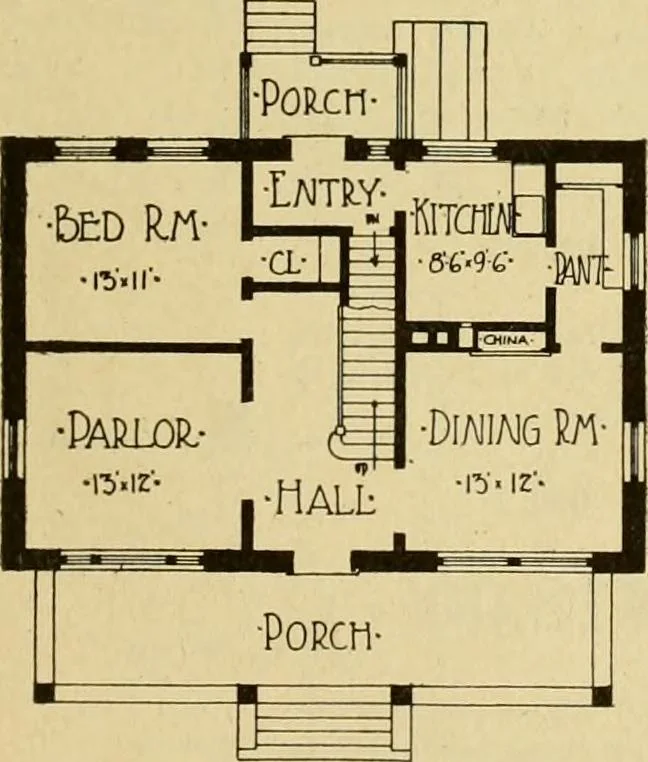An illustration from Radford's brick houses and how to build them : a standard collection of new, original, and artistic designs for brick houses, apartments, stores and flats, garages, etc. ; together with complete instruction in the manufacture of brick and its practical uses as a building material selected and compiled by William A. Radford ... Every plan designed and executed by a corps of licensed architects of the highest professional standing, assisted by a staff of expert draftsmen. Over 300 designs and details., 1912, leaf 196