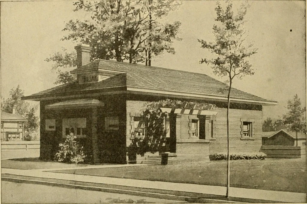 An illustration from Radford's brick houses and how to build them : a standard collection of new, original, and artistic designs for brick houses, apartments, stores and flats, garages, etc. ; together with complete instruction in the manufacture of brick and its practical uses as a building material selected and compiled by William A. Radford ... Every plan designed and executed by a corps of licensed architects of the highest professional standing, assisted by a staff of expert draftsmen. Over 300 designs and details., 1912, leaf 197