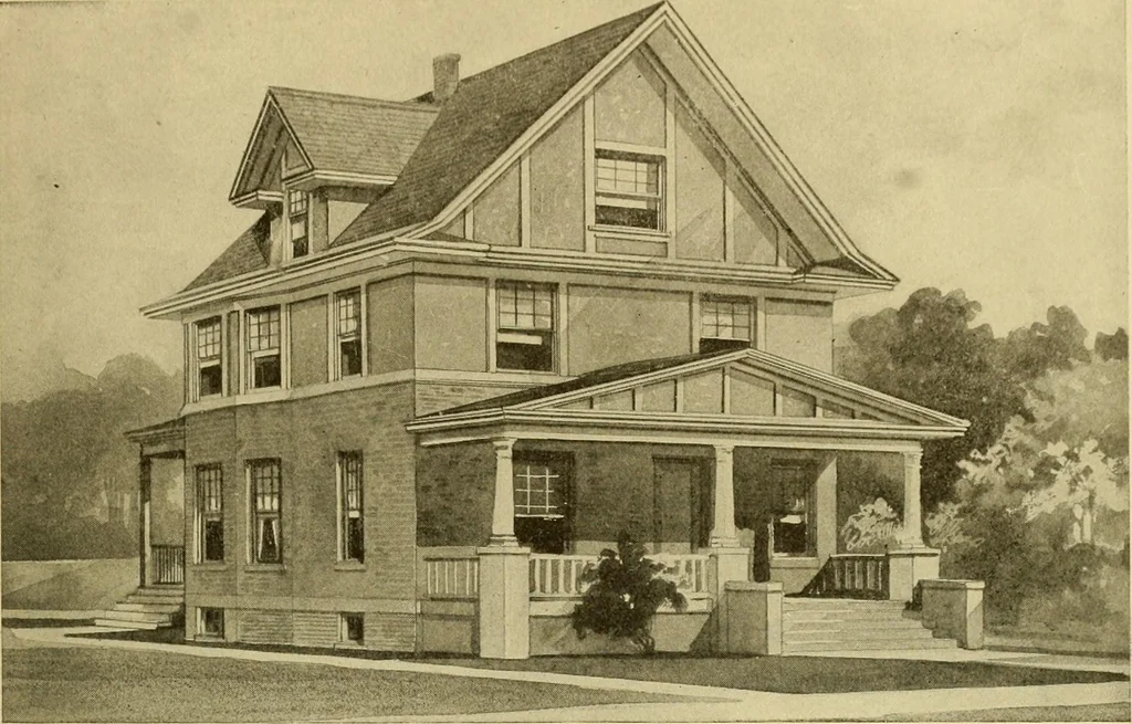 An illustration from Radford's brick houses and how to build them : a standard collection of new, original, and artistic designs for brick houses, apartments, stores and flats, garages, etc. ; together with complete instruction in the manufacture of brick and its practical uses as a building material selected and compiled by William A. Radford ... Every plan designed and executed by a corps of licensed architects of the highest professional standing, assisted by a staff of expert draftsmen. Over 300 designs and details., 1912, leaf 198