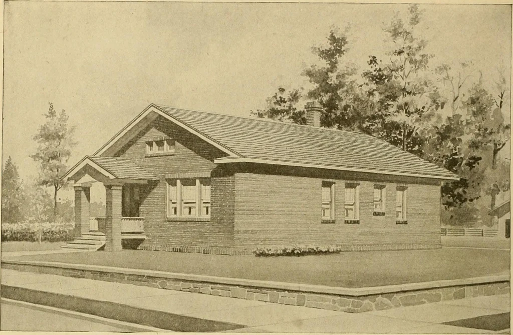 An illustration from Radford's brick houses and how to build them : a standard collection of new, original, and artistic designs for brick houses, apartments, stores and flats, garages, etc. ; together with complete instruction in the manufacture of brick and its practical uses as a building material selected and compiled by William A. Radford ... Every plan designed and executed by a corps of licensed architects of the highest professional standing, assisted by a staff of expert draftsmen. Over 300 designs and details., 1912, leaf 199