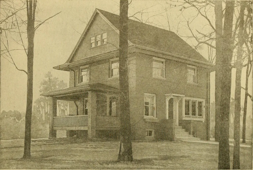 An illustration from Radford's brick houses and how to build them : a standard collection of new, original, and artistic designs for brick houses, apartments, stores and flats, garages, etc. ; together with complete instruction in the manufacture of brick and its practical uses as a building material selected and compiled by William A. Radford ... Every plan designed and executed by a corps of licensed architects of the highest professional standing, assisted by a staff of expert draftsmen. Over 300 designs and details., 1912, leaf 200