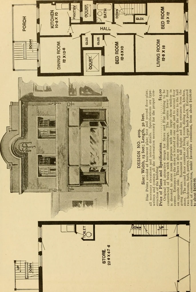 An illustration from Radford's brick houses and how to build them : a standard collection of new, original, and artistic designs for brick houses, apartments, stores and flats, garages, etc. ; together with complete instruction in the manufacture of brick and its practical uses as a building material selected and compiled by William A. Radford ... Every plan designed and executed by a corps of licensed architects of the highest professional standing, assisted by a staff of expert draftsmen. Over 300 designs and details., 1912, leaf 203