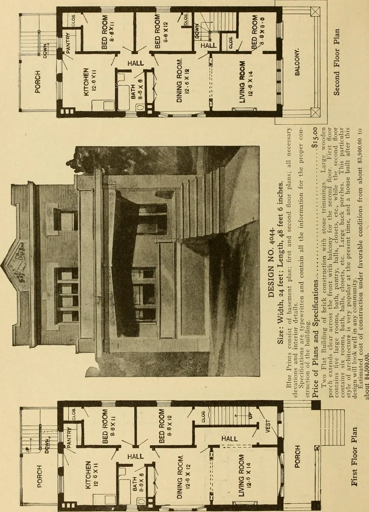 An illustration from Radford's brick houses and how to build them : a standard collection of new, original, and artistic designs for brick houses, apartments, stores and flats, garages, etc. ; together with complete instruction in the manufacture of brick and its practical uses as a building material selected and compiled by William A. Radford ... Every plan designed and executed by a corps of licensed architects of the highest professional standing, assisted by a staff of expert draftsmen. Over 300 designs and details., 1912, leaf 205