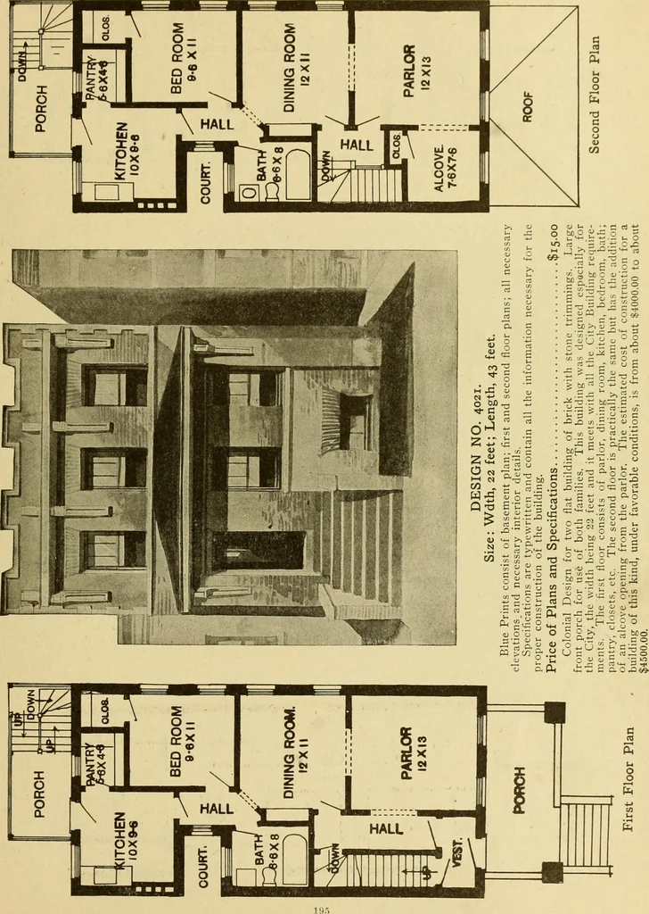 An illustration from Radford's brick houses and how to build them : a standard collection of new, original, and artistic designs for brick houses, apartments, stores and flats, garages, etc. ; together with complete instruction in the manufacture of brick and its practical uses as a building material selected and compiled by William A. Radford ... Every plan designed and executed by a corps of licensed architects of the highest professional standing, assisted by a staff of expert draftsmen. Over 300 designs and details., 1912, leaf 206