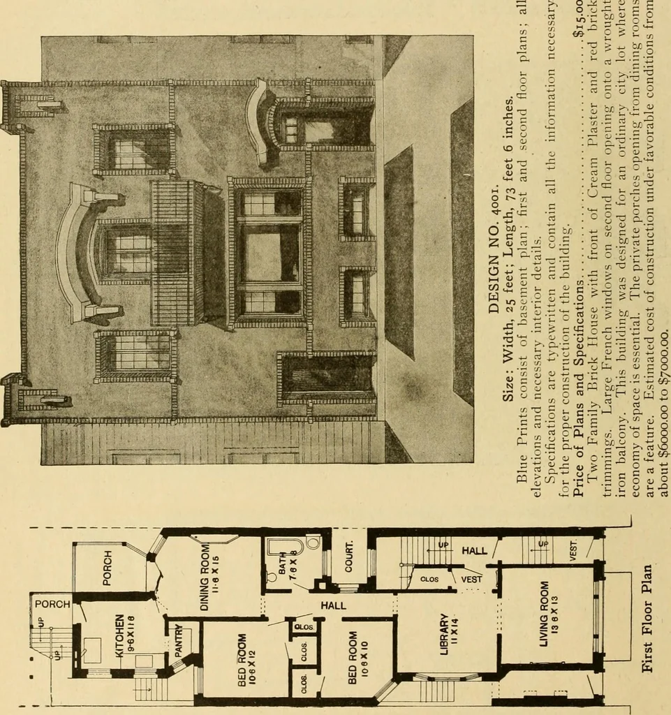 An illustration from Radford's brick houses and how to build them : a standard collection of new, original, and artistic designs for brick houses, apartments, stores and flats, garages, etc. ; together with complete instruction in the manufacture of brick and its practical uses as a building material selected and compiled by William A. Radford ... Every plan designed and executed by a corps of licensed architects of the highest professional standing, assisted by a staff of expert draftsmen. Over 300 designs and details., 1912, leaf 207