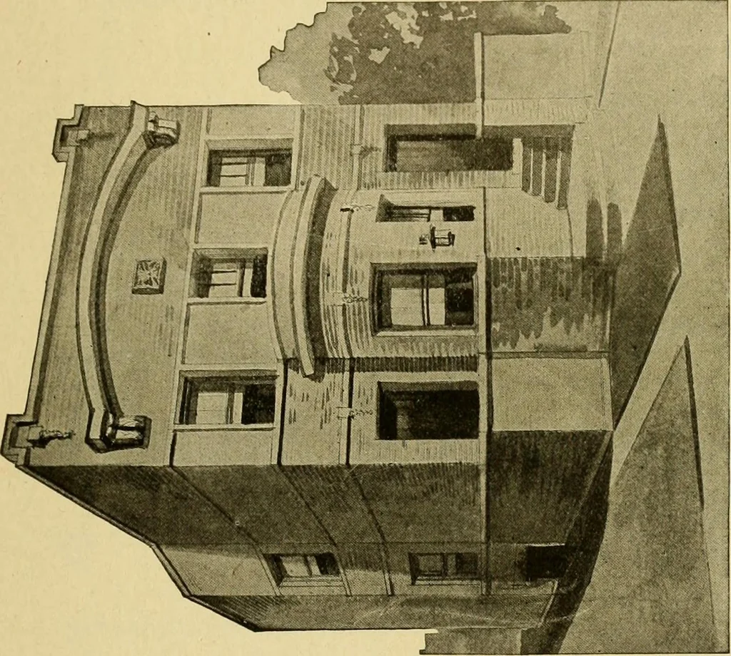 An illustration from Radford's brick houses and how to build them : a standard collection of new, original, and artistic designs for brick houses, apartments, stores and flats, garages, etc. ; together with complete instruction in the manufacture of brick and its practical uses as a building material selected and compiled by William A. Radford ... Every plan designed and executed by a corps of licensed architects of the highest professional standing, assisted by a staff of expert draftsmen. Over 300 designs and details., 1912, leaf 208