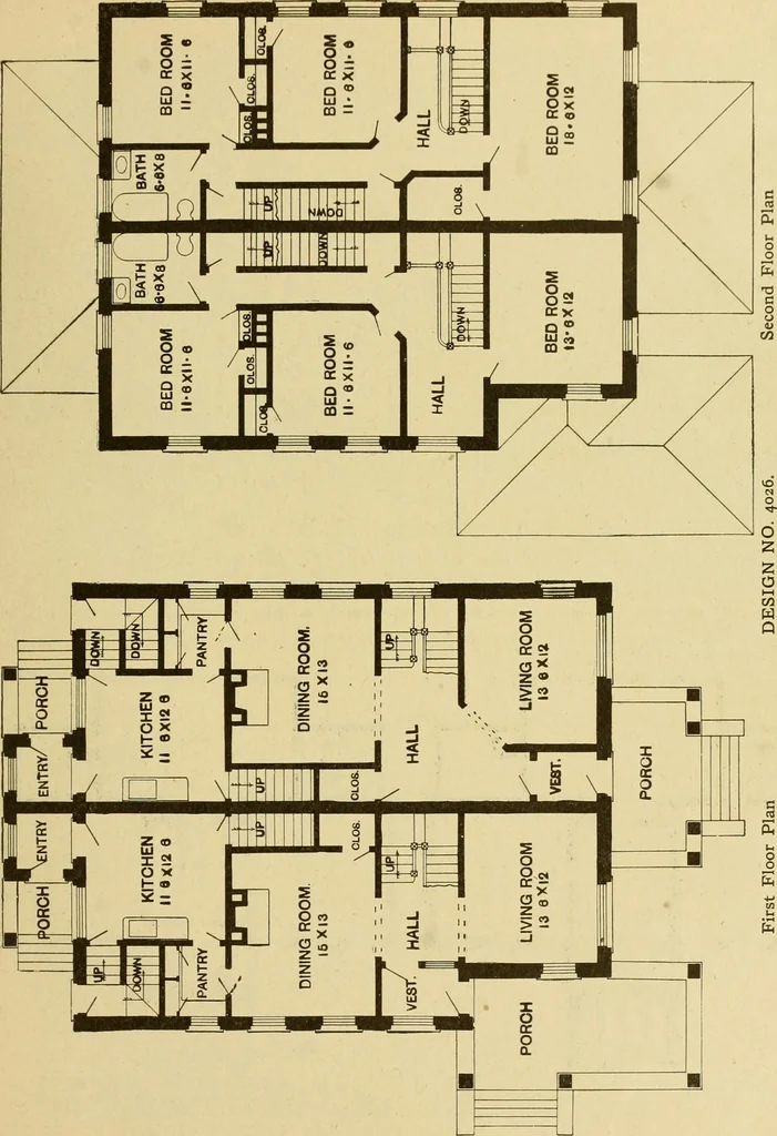 An illustration from Radford's brick houses and how to build them : a standard collection of new, original, and artistic designs for brick houses, apartments, stores and flats, garages, etc. ; together with complete instruction in the manufacture of brick and its practical uses as a building material selected and compiled by William A. Radford ... Every plan designed and executed by a corps of licensed architects of the highest professional standing, assisted by a staff of expert draftsmen. Over 300 designs and details., 1912, leaf 210